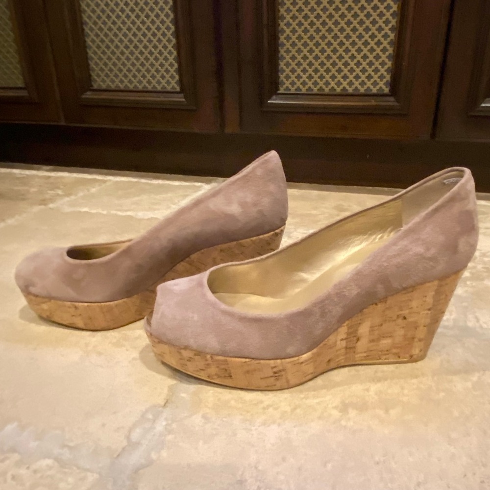 Stuart Weitzman; Anna Peep Toe, 3 1/2” heel, Beige Suede, W width